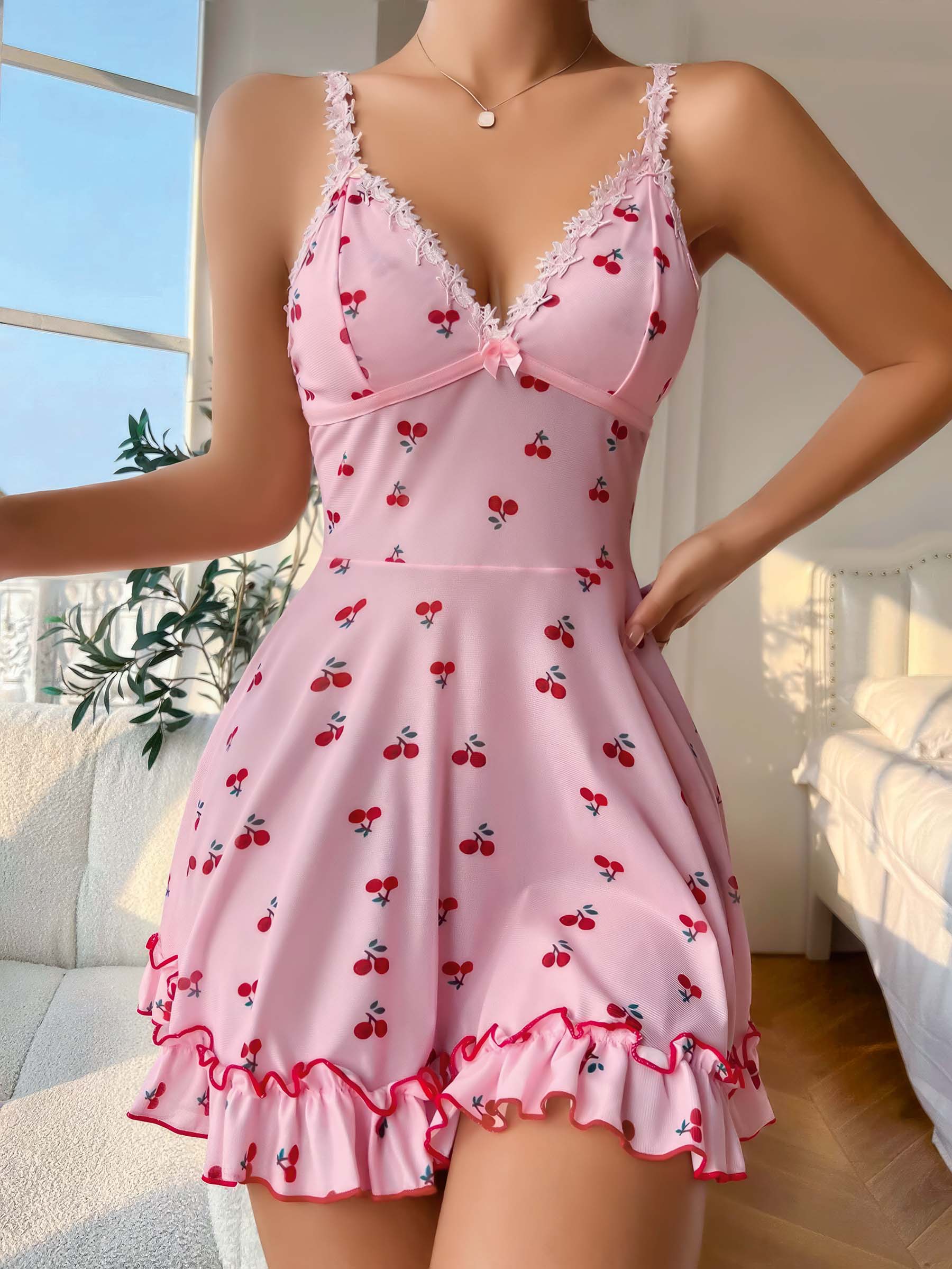 KADIN PEMBE KİRAZ DESENLİ FIRFIRLI DANTEL DETAYLI ASKILI MİNİ GECELİK ELBİSE